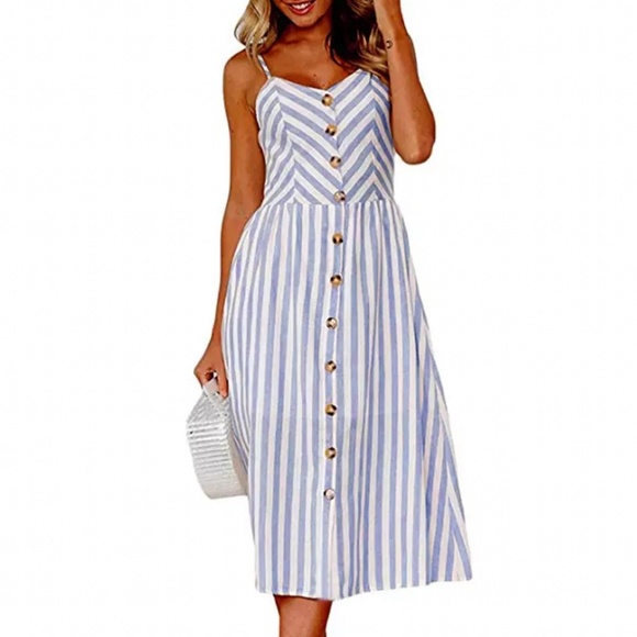Dresses & Skirts - Blue stripe maxi boho fashion dress with pockets